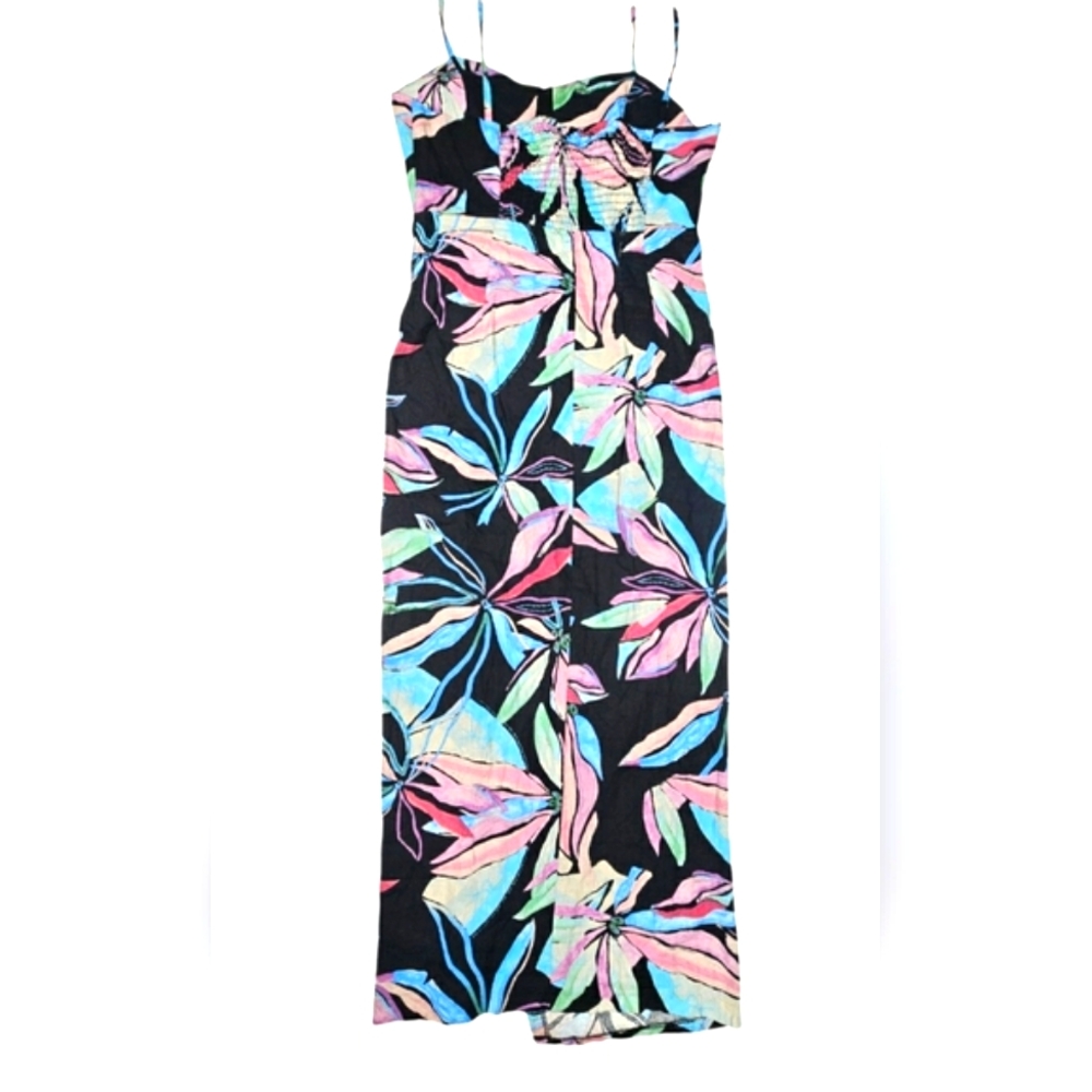 🆕️Zara Linen Floral Tropical Black & Pink Corset Faux Wrap Summer Dress - Picture 7 of 14